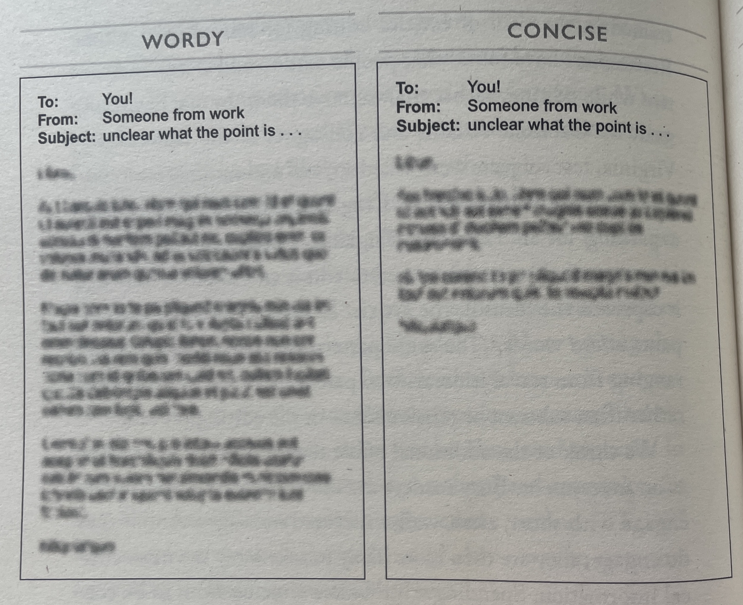 A photograph showing a page from Writing for Busy Readers. It shows two emails, both deliberately blurred so you can't read the text. One email is much longer than the other.